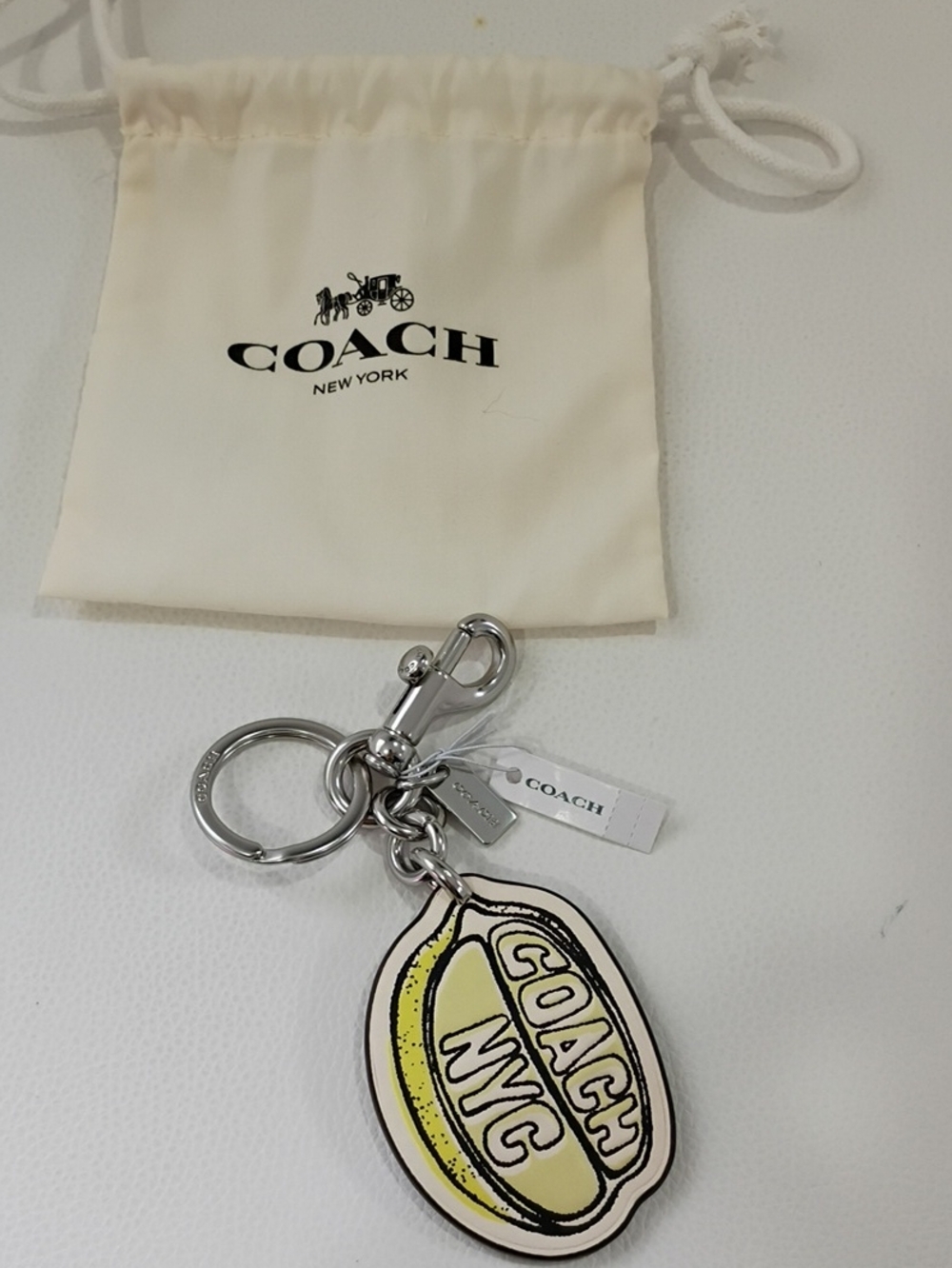 Coach Yellow & White NYC Leather Keyring with Silver Hardware